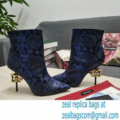 Dolce  &  Gabbana Thin Heel 10.5cm Leather Ankle Boots Snake Print Blue with Baroque DG Heel 2021